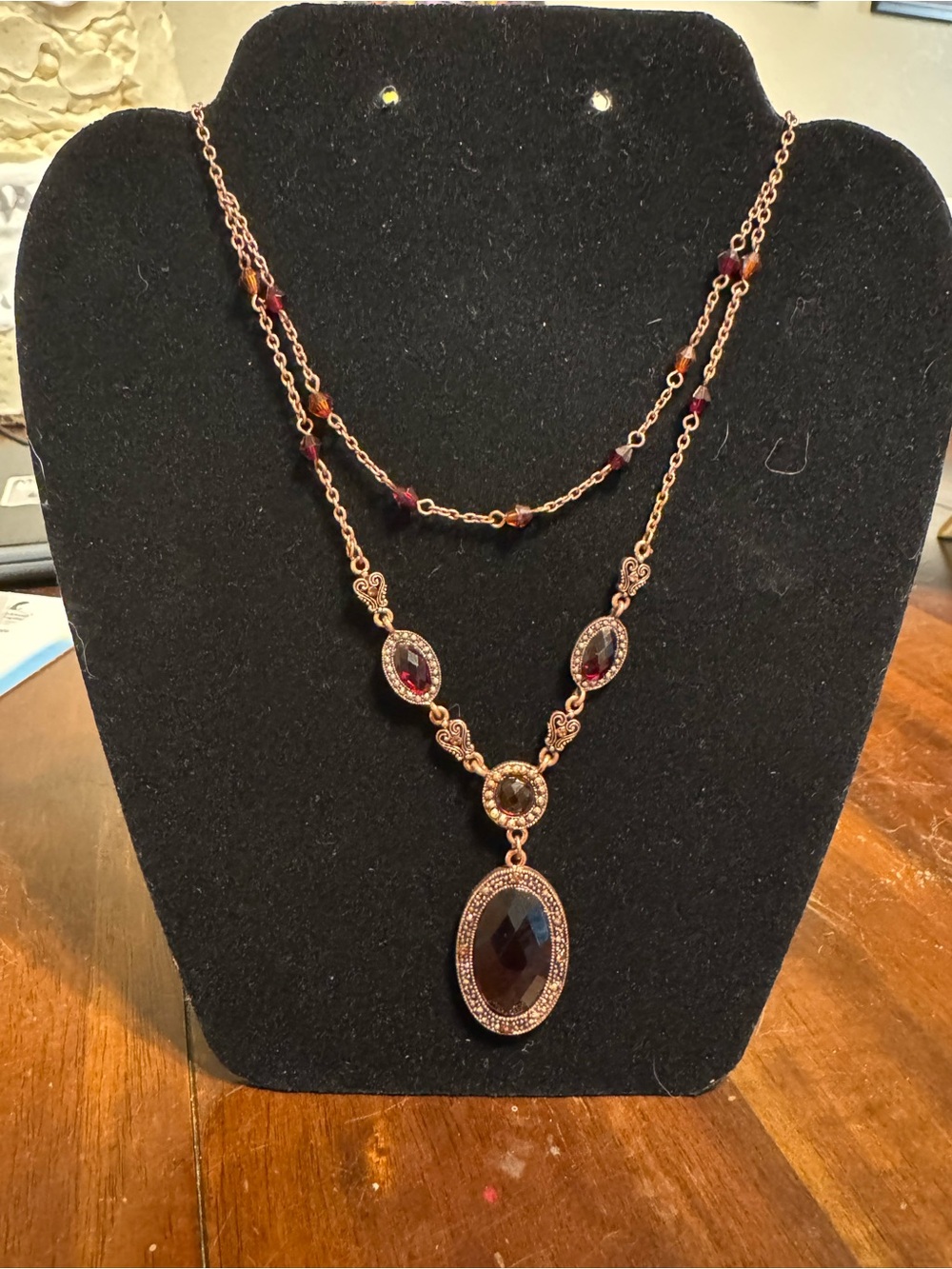 Vintage Rose Gold Garnet-Tone Layered Pendant Necklace